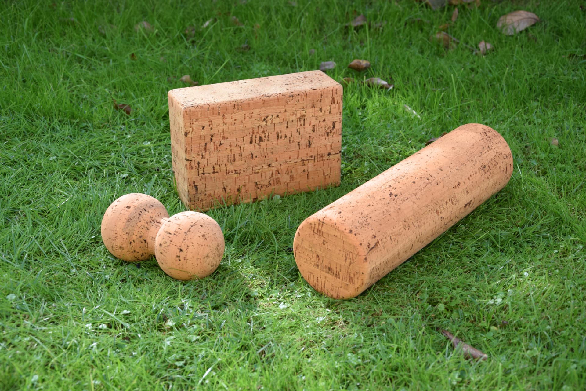 Cork yoga props — block, roller and massage dumbbell on grass