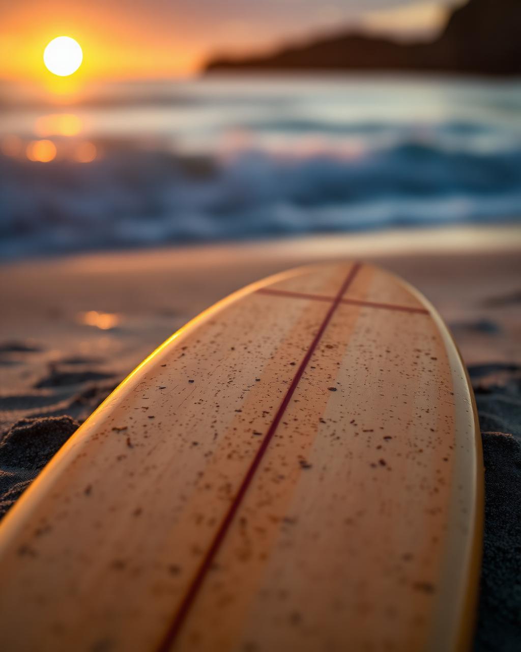 Cork surfboard on the beach at sunset
