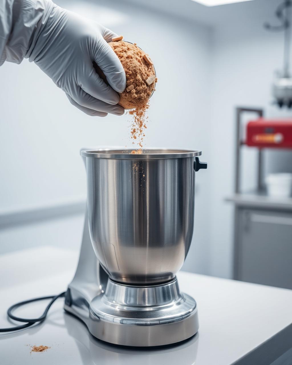 Cork powder being dosed in a lab mixer