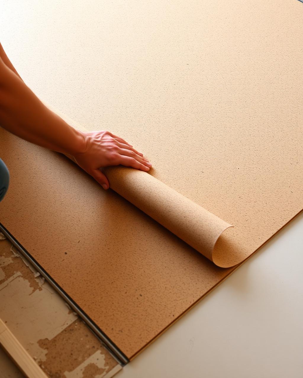 Cork underlayment being installed