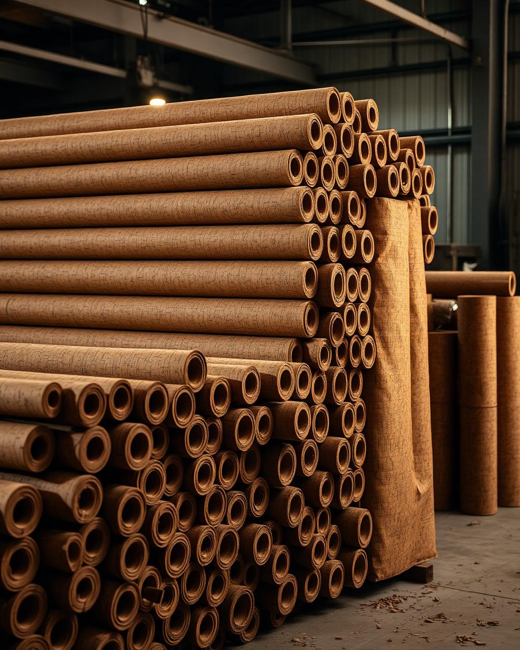 Stacked rolls of cork underlayment