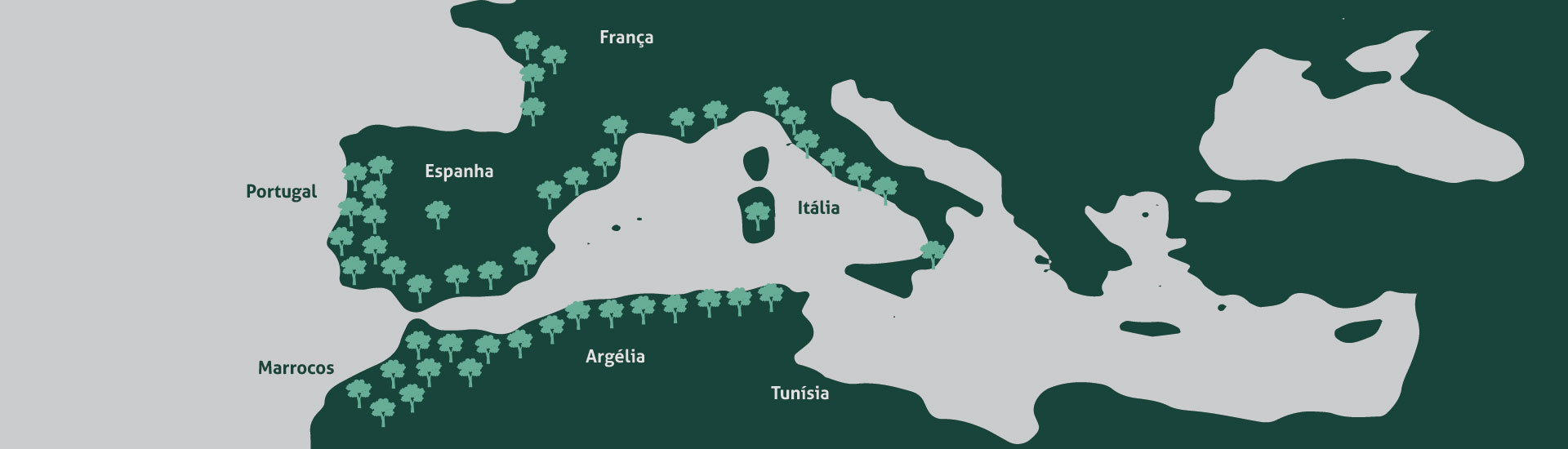 Mapa do sul da Europa e norte de África com a localização de sobreiros