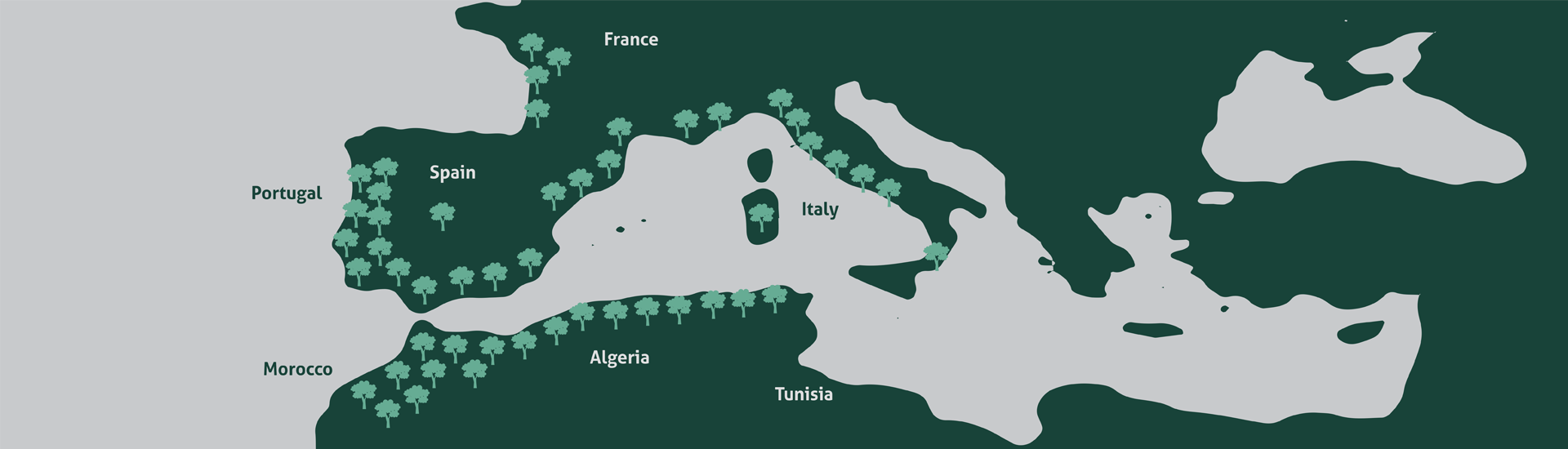 Map of southern Europe and northern Africa with the location of cork oaks